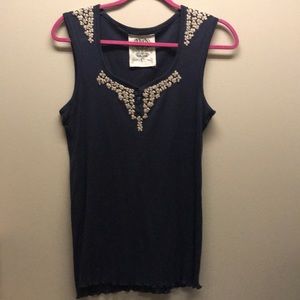 Navy tank with tan flower embroidery